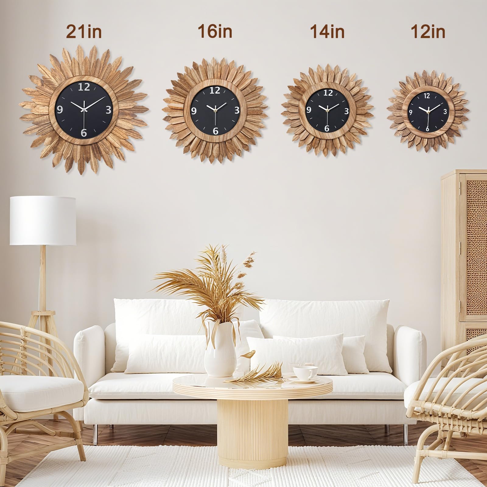 Honiway Wall Clock Battery Operated 12 in Rustic Wood Boho Sunburst Decorative Wall Clock Silent Non Ticking Farmhouse Small Wall Clocks for Living Room Kitchen Bathroom Bedroom Decor (Rustic Brown)
