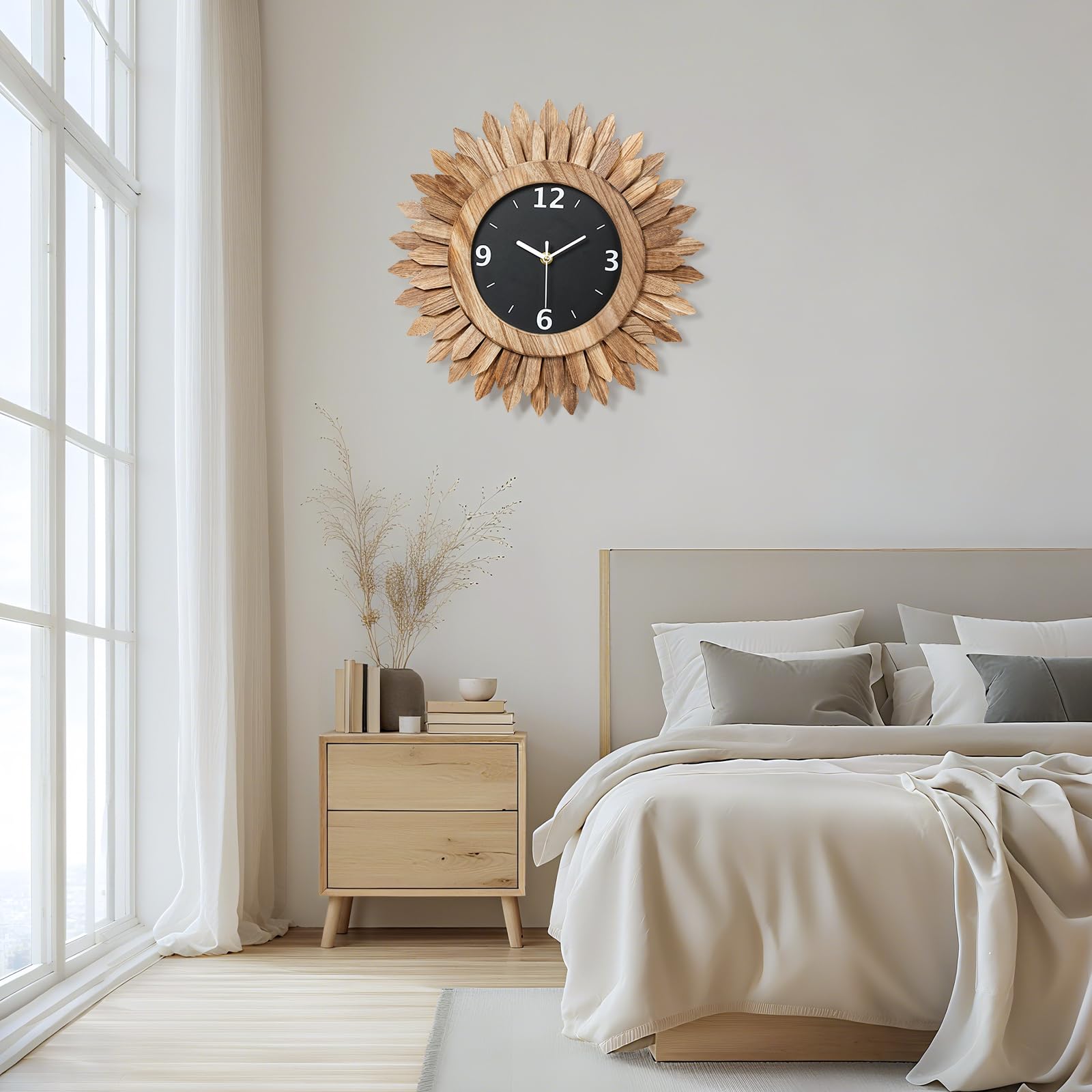 Honiway Wall Clock Battery Operated 12 in Rustic Wood Boho Sunburst Decorative Wall Clock Silent Non Ticking Farmhouse Small Wall Clocks for Living Room Kitchen Bathroom Bedroom Decor (Rustic Brown)
