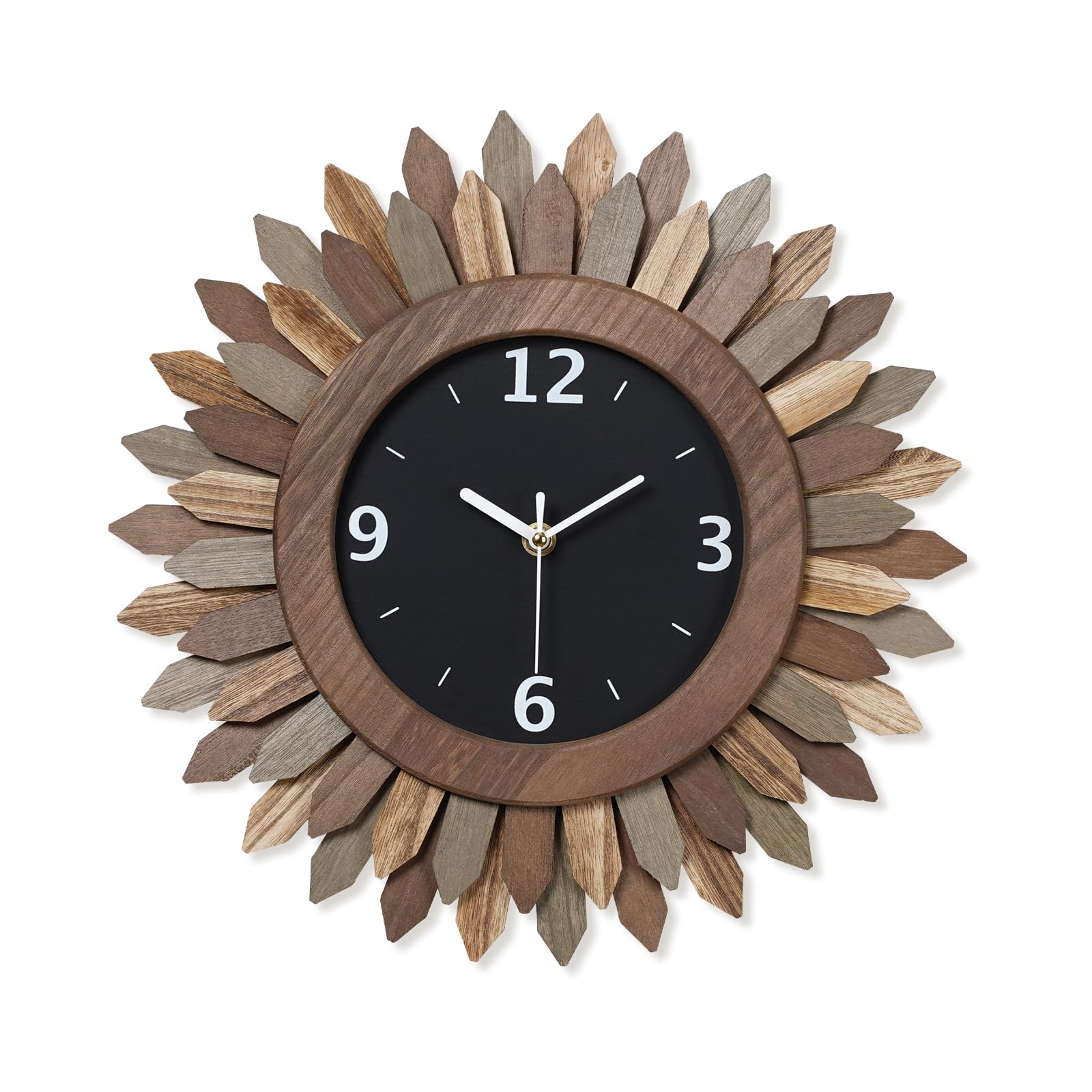 Honiway Wall Clock Battery Operated 12 in Rustic Wood Boho Sunburst Decorative Wall Clock Silent Non Ticking Farmhouse Small Wall Clocks for Living Room Kitchen Bathroom Bedroom Decor (Rustic Brown)