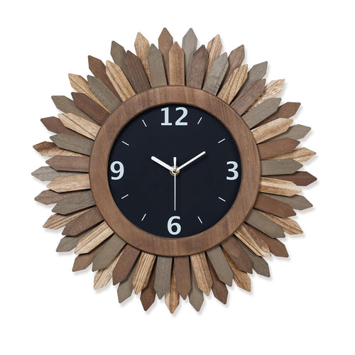 Honiway Wall Clock Battery Operated 12 in Rustic Wood Boho Sunburst Decorative Wall Clock Silent Non Ticking Farmhouse Small Wall Clocks for Living Room Kitchen Bathroom Bedroom Decor (Rustic Brown)