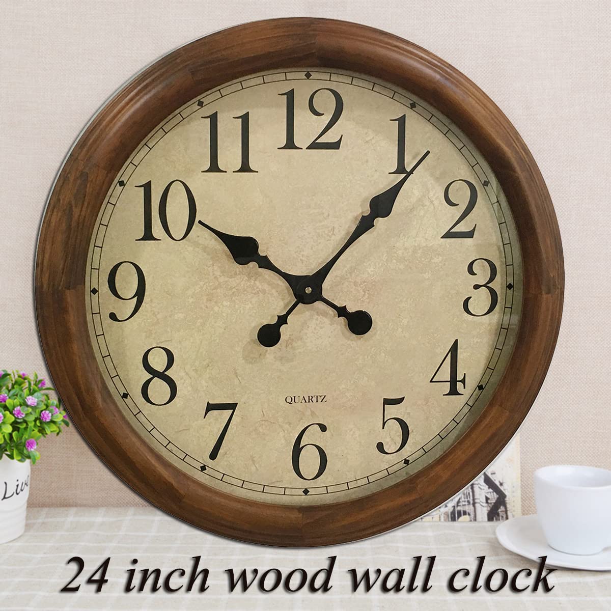 24-Inch Wood Silent Non-Ticking Battery Operated Decorative Wall Clock for Living Room Decor Large Decorative Clock Oversized (Pine)