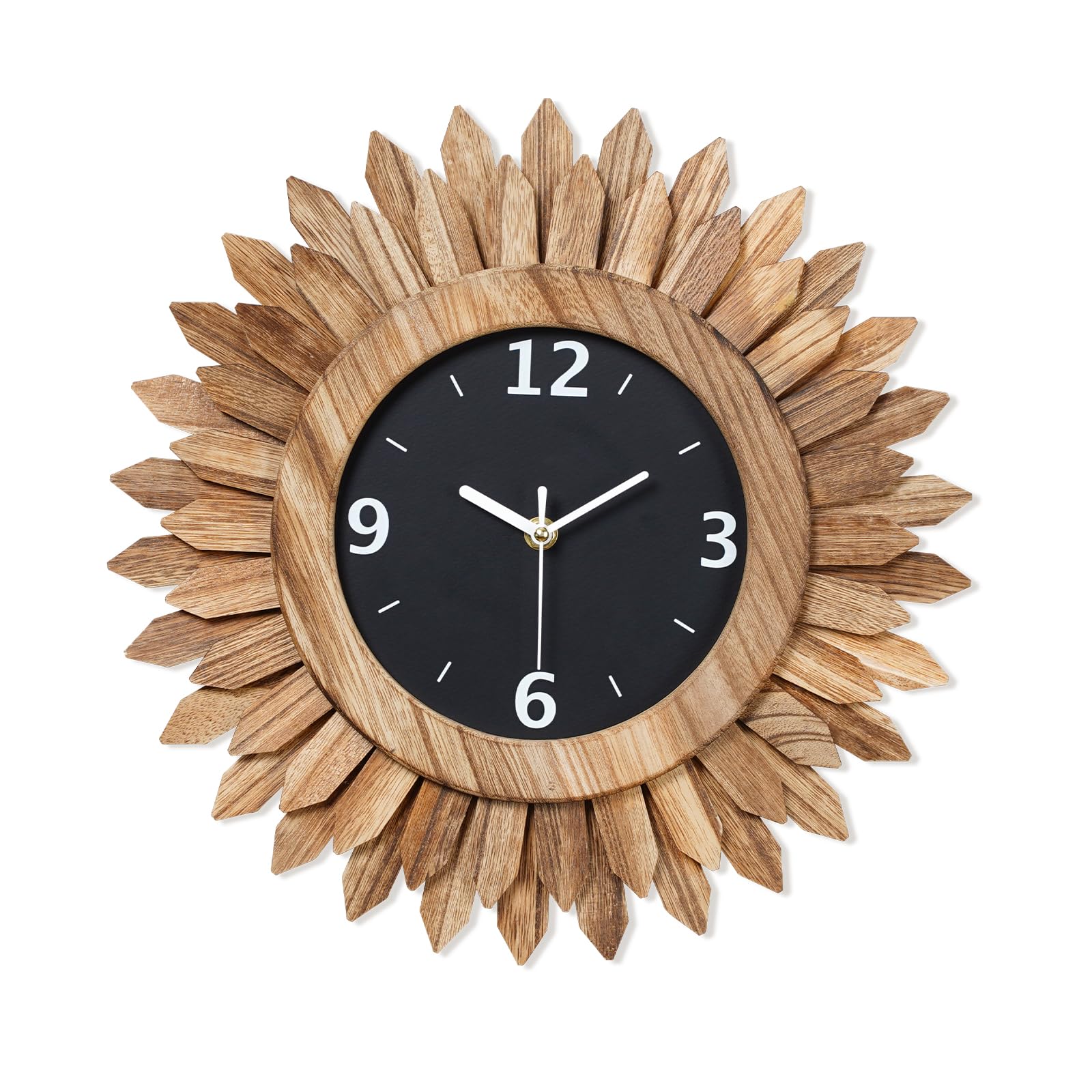 Honiway Wall Clock Battery Operated 12 in Rustic Wood Boho Sunburst Decorative Wall Clock Silent Non Ticking Farmhouse Small Wall Clocks for Living Room Kitchen Bathroom Bedroom Decor (Rustic Brown)
