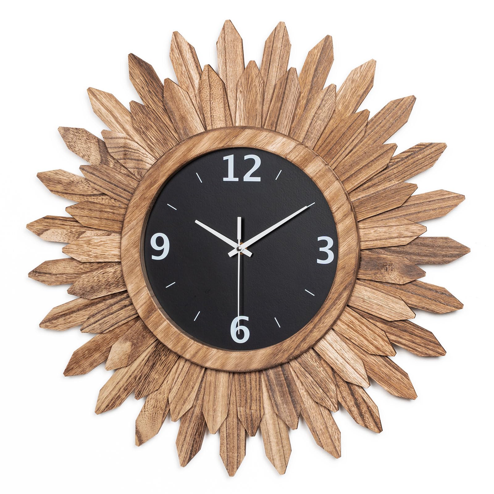 Honiway Wall Clock Battery Operated 12 in Rustic Wood Boho Sunburst Decorative Wall Clock Silent Non Ticking Farmhouse Small Wall Clocks for Living Room Kitchen Bathroom Bedroom Decor (Rustic Brown)