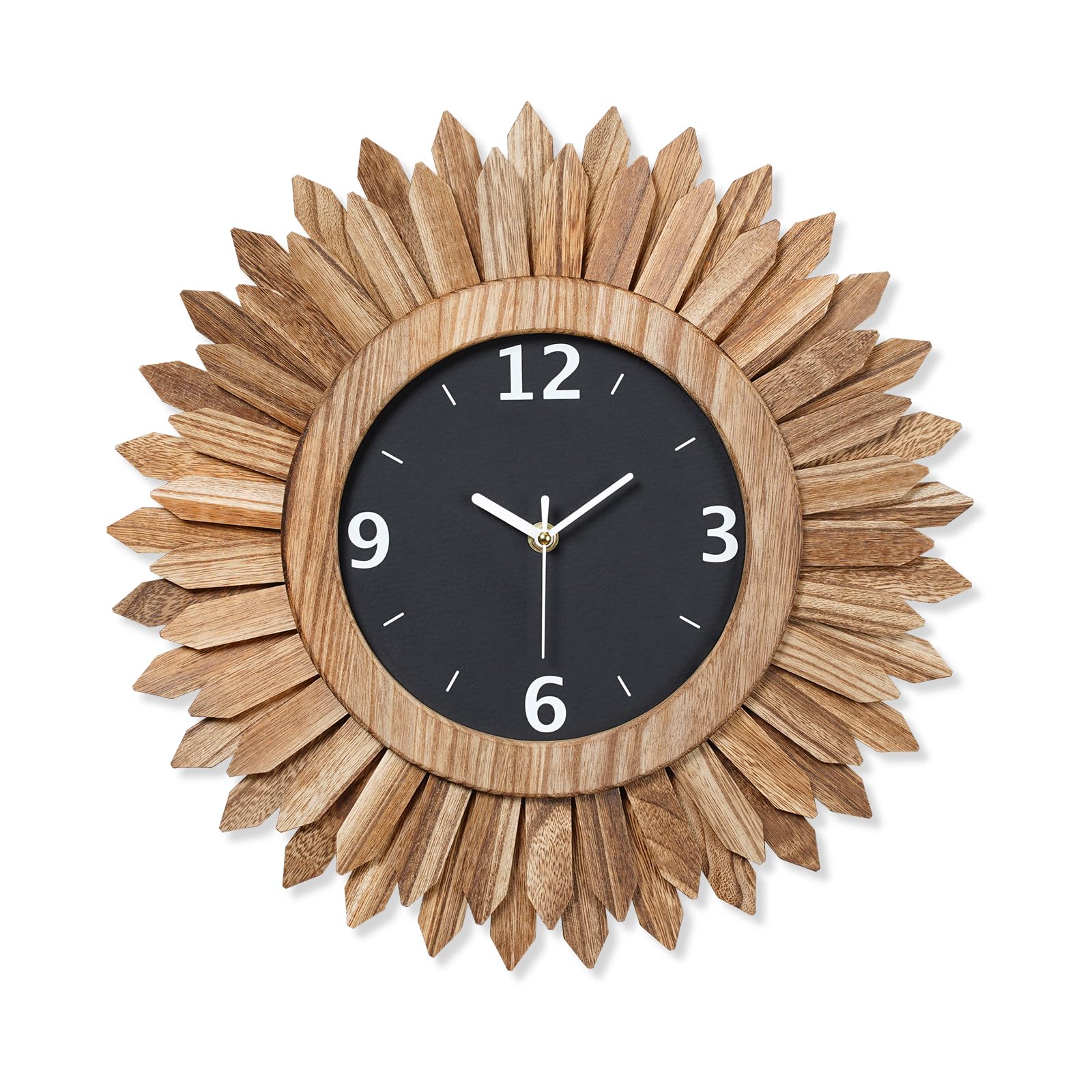 Honiway Wall Clock Battery Operated 12 in Rustic Wood Boho Sunburst Decorative Wall Clock Silent Non Ticking Farmhouse Small Wall Clocks for Living Room Kitchen Bathroom Bedroom Decor (Rustic Brown)