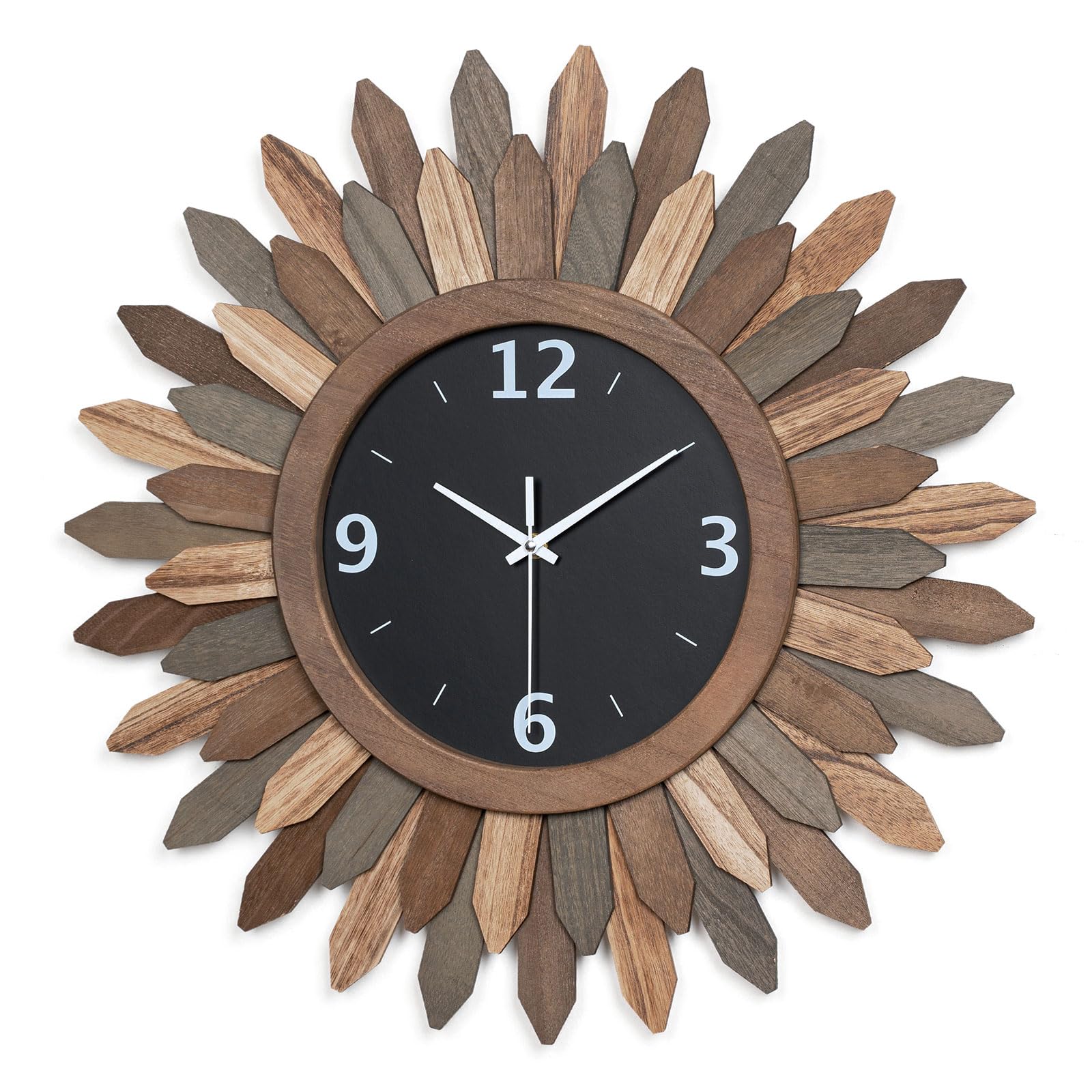 Honiway Wall Clock Battery Operated 12 in Rustic Wood Boho Sunburst Decorative Wall Clock Silent Non Ticking Farmhouse Small Wall Clocks for Living Room Kitchen Bathroom Bedroom Decor (Rustic Brown)